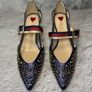Gucci “Unia” Metallic Blue Leather Gold Spike Stud Kitten Heel Pumps (7.5)